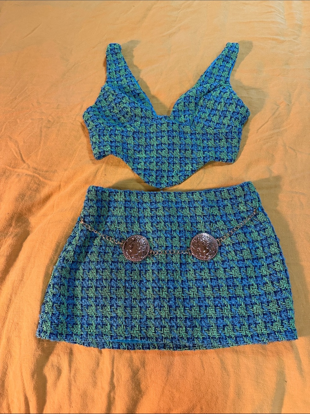 SHEIN Blue & Green Tweed Coin-Chain Mini Skirt